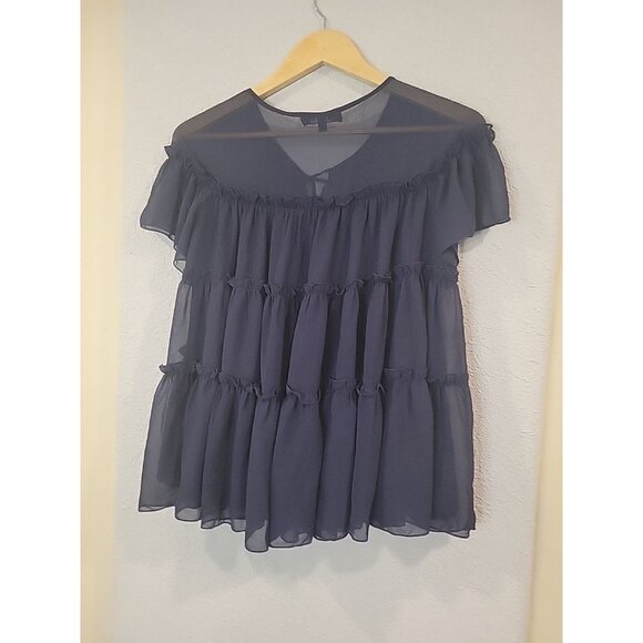 Elise Size Small Navy Blue Sheer Tiered Blouse - Picture 4 of 5